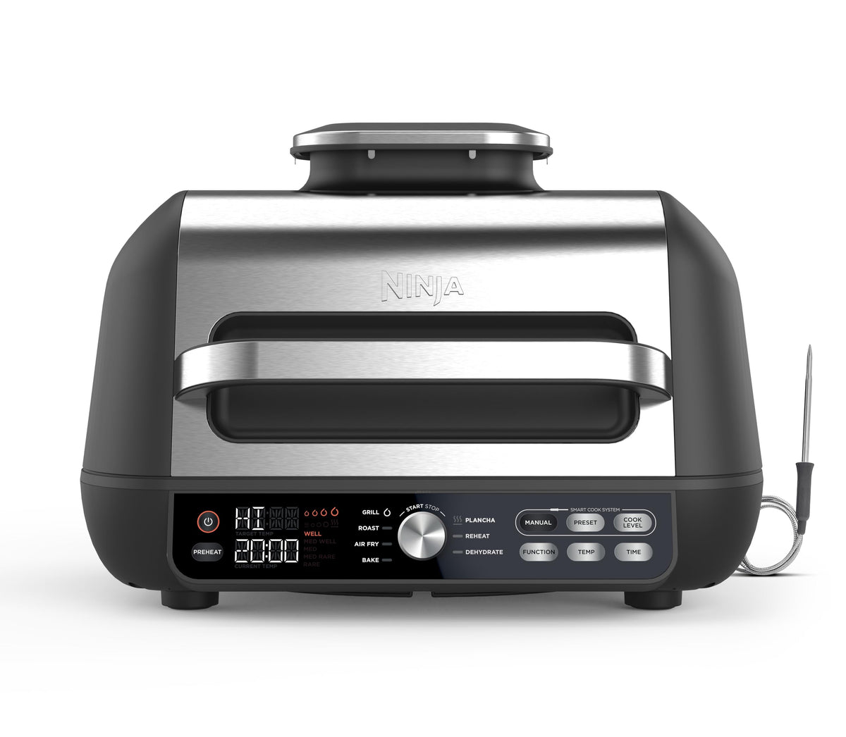 Ninja Foodi MAX PRO Grill, Plancha et Friteuse à air avec sonde de cuisson numérique, 3,8L, 7 en 1, Grill, Air Fryer, Cuire, Rôtir et plus, Pièces lavables au lave-vaisselle, Argent/Noir AG651EU