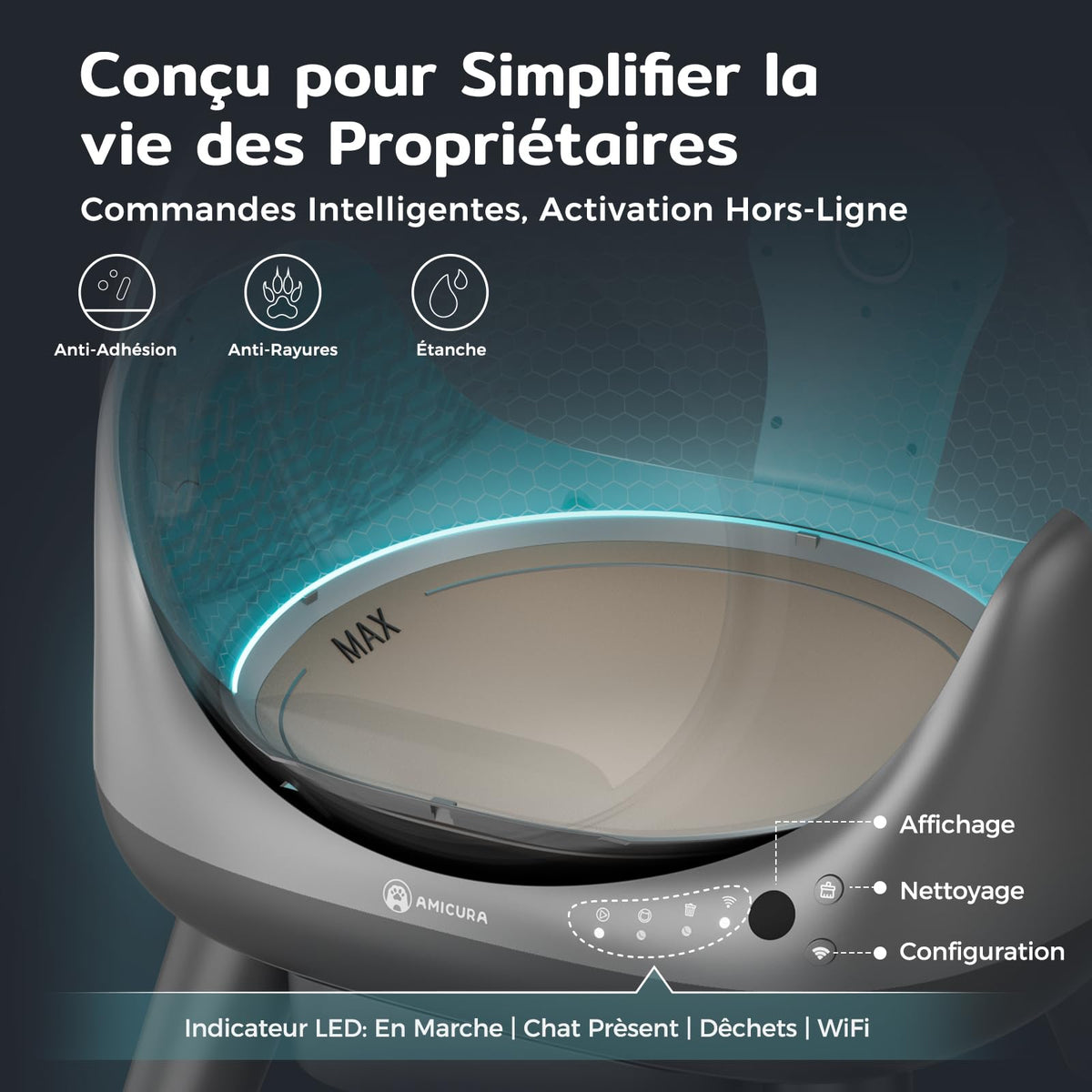 Amicura Cura X1 Litière Chat Autonettoyant avec Contrôle par Application,Capteur de Sécurité (Anti-Pinch), Anti-odeurs, Bac à Litière Autonettoyant, Litière Automatique Facile à Nettoyer