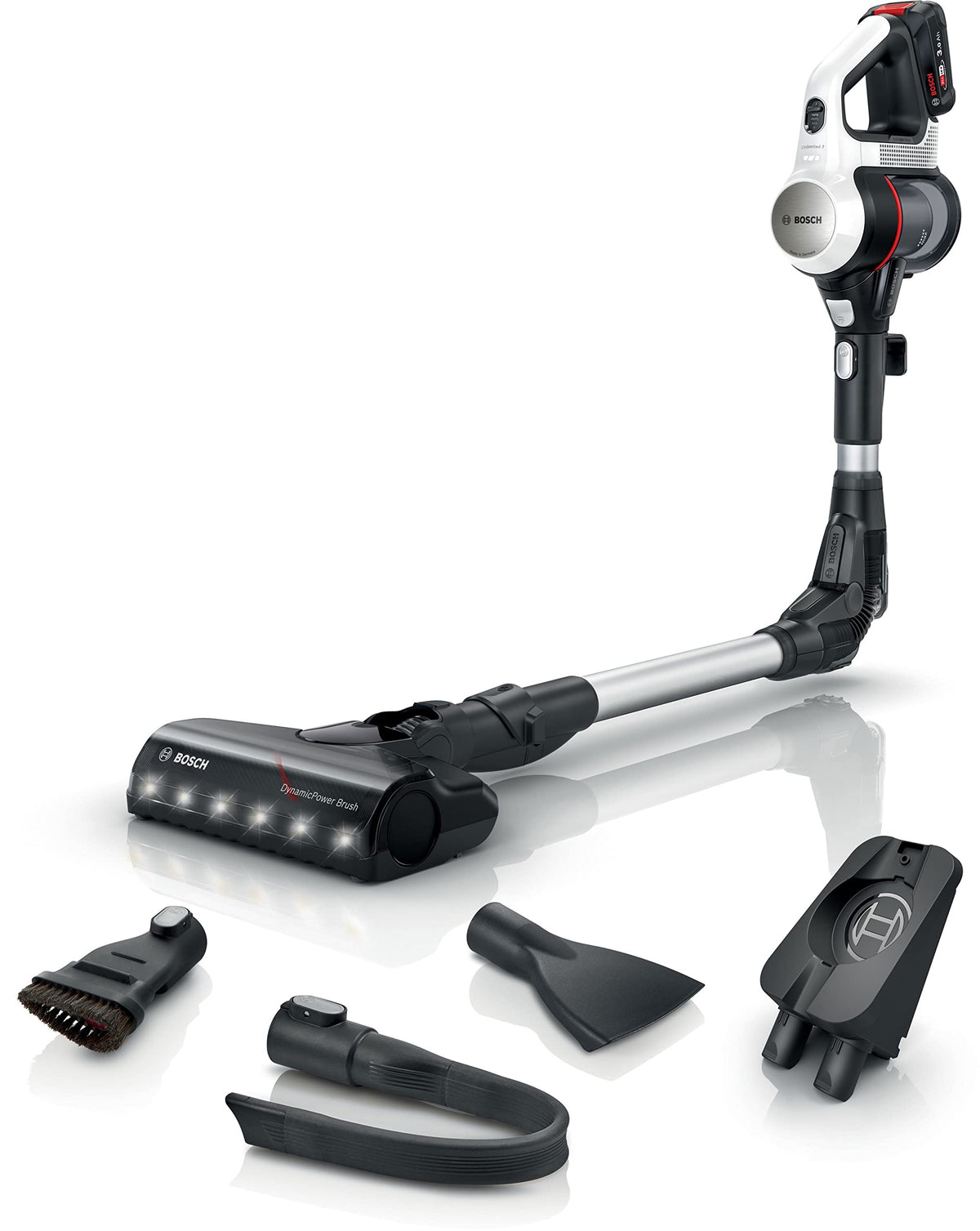 Bosch Electroménager Unlimited 7, BBS711W, aspirateur Balai, autonomie de 40 Min, Brosse motorisée avec éclairage LED, Batterie 3.0 Ah Power for All, Tube Flexible, Poids léger, Accessoires, Blanc