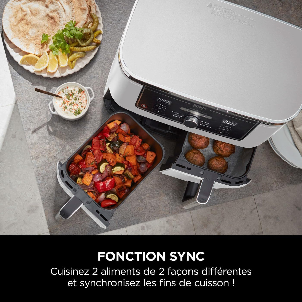 Ninja Foodi MAX Dual Zone Air Fryer, 2 Tiroirs, 9,5L, 6-en-1, Sans Huile, Air Fry, Croustillant Max, Rôtir, Cuire, Déshydrater, 8 Portions, Paniers Antiadhésifs Vont Au Lave-Vaisselle, Blanc AF400EUWH
