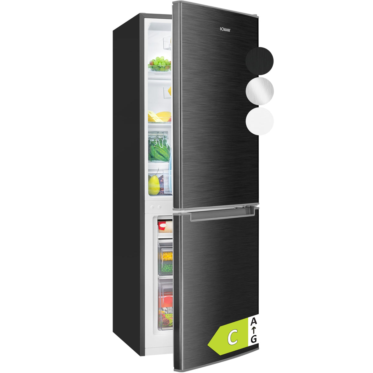 Bomann, Réfrigérateur et Congélateur 173L KG7359-Noir, 121L Réfrigérateur, 52L Congélateur 4 Étoiles, Contrôle Température, Éclairage LED, Design Réversible, Idéal pour Cuisine Moderne