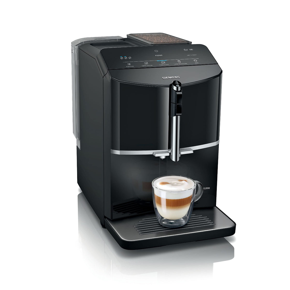 SIEMENS, machine à café tout automatique, EQ300, ceramDrive, milkPerfect, fonction oneTouch, noir piano, TF301E19