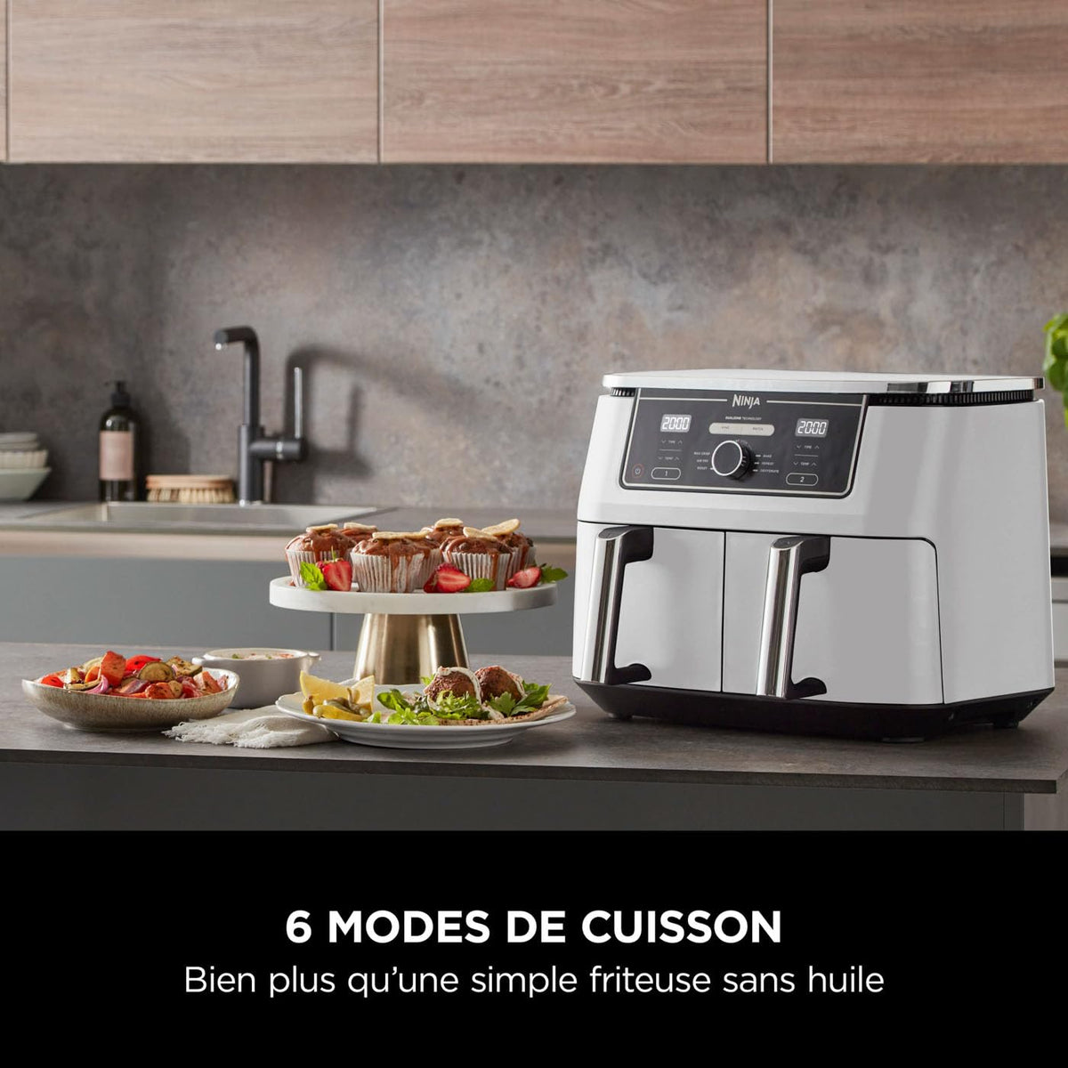 Ninja Foodi MAX Dual Zone Air Fryer, 2 Tiroirs, 9,5L, 6-en-1, Sans Huile, Air Fry, Croustillant Max, Rôtir, Cuire, Déshydrater, 8 Portions, Paniers Antiadhésifs Vont Au Lave-Vaisselle, Blanc AF400EUWH