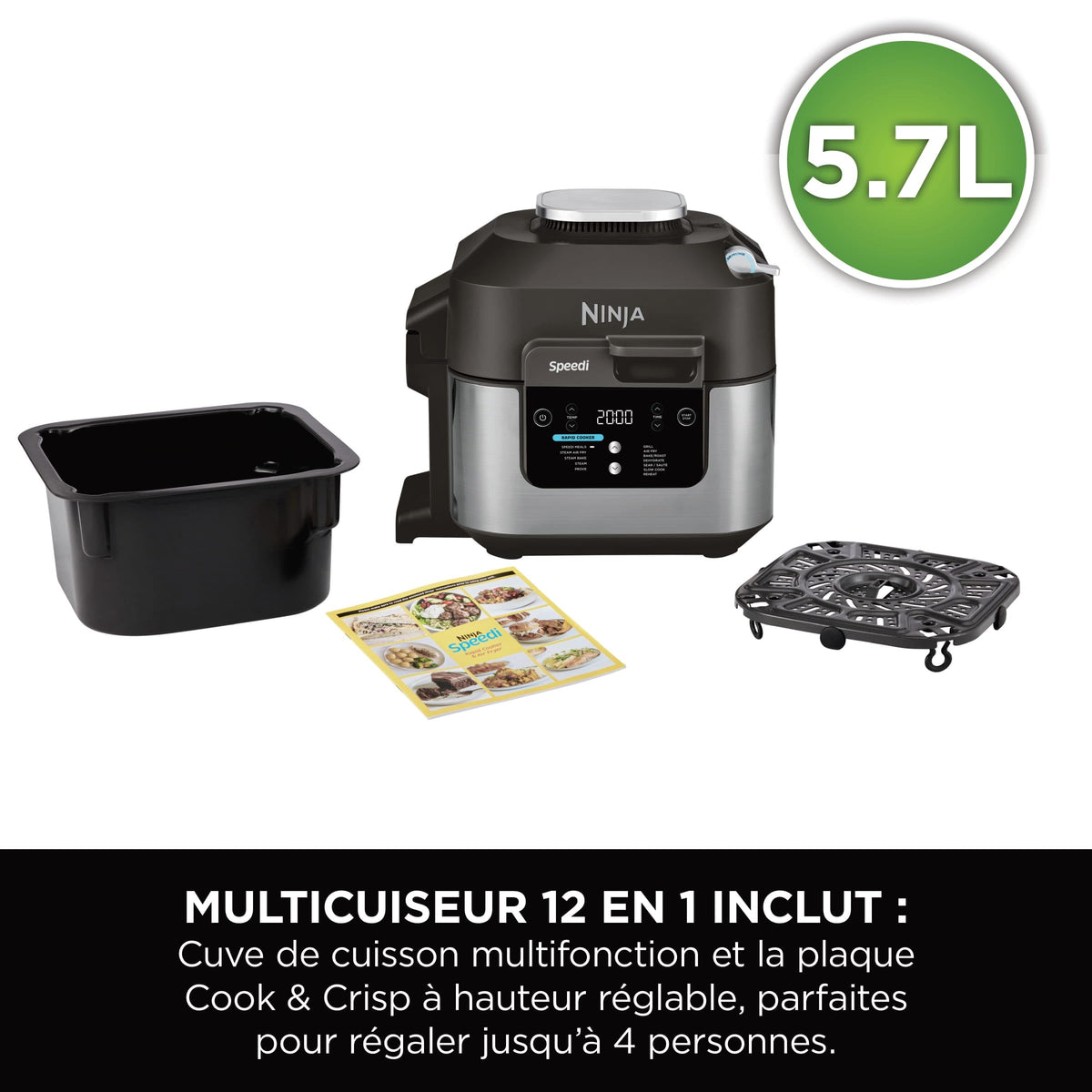 Ninja Speedi 10-en-1 Cuiseur rapide, Air Fryer, Friteuse à air et Multicuiseur, 5.7L, Repas pour 4 en 15 minutes, Vapeur, Gril, Cuire au four, Rôtir, Saisir, Mijoter et plus, Noir, ON500EU
