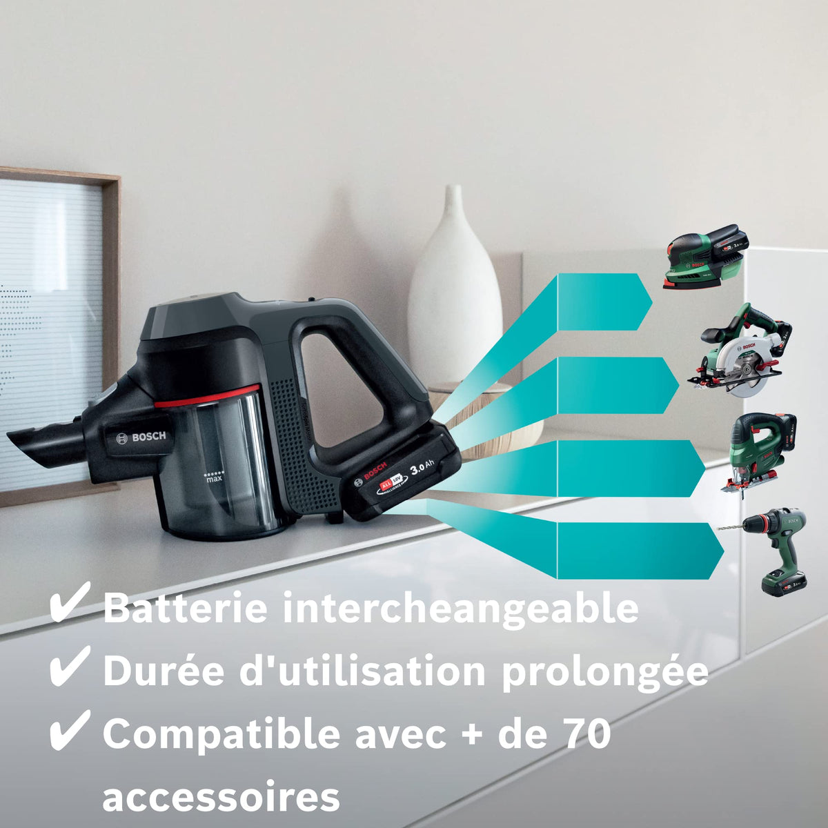 Bosch Electroménager Unlimited 7, BBS712A, aspirateur Balai, 2 Batteries 3.0 Ah Power for All, autonomie de 40 Min par Batterie, Tube Flexible, Poids léger, Accessoires, éclairage LED, Anthracite