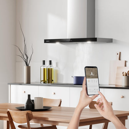 Ciarra Hotte Apisrante 90cm 650 m³/h - Class A+++ - 4 Vitesses - Fonction Boost - Hotte de Cuisine Silencieuse - Commande Tactile - Wi-Fi - LED Dimmable - Inox - CBCS9102