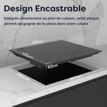 Ciarra CABBIH3-A Plaque Induction 3 Feux 5600W, 60CM Plaque de Cuisson Verre, Contrôle Tactile, Minuterie, Sécurité Enfant