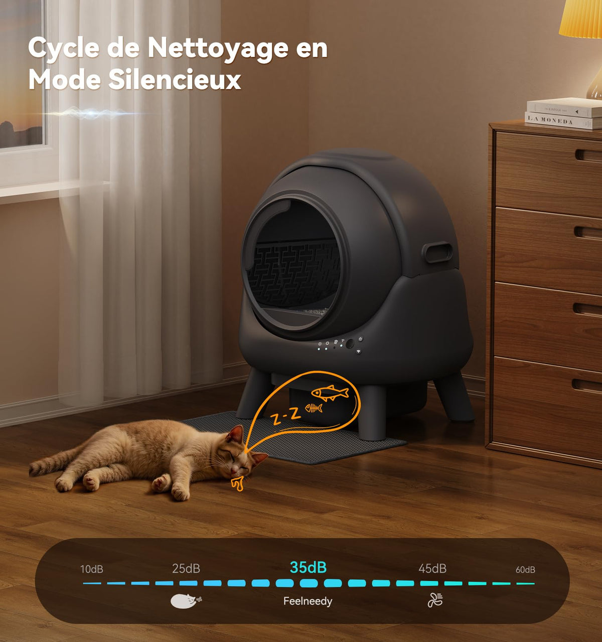 Litiere Chat Autonettoyante FEELNEEDY, Bac à Litière Automatique, Anti-Fuites/Anti-Pincement/Triple Anti-Odeur/Secure/Contrôle APP/Nettoyage Facile, Capacité Maximale de 65L
