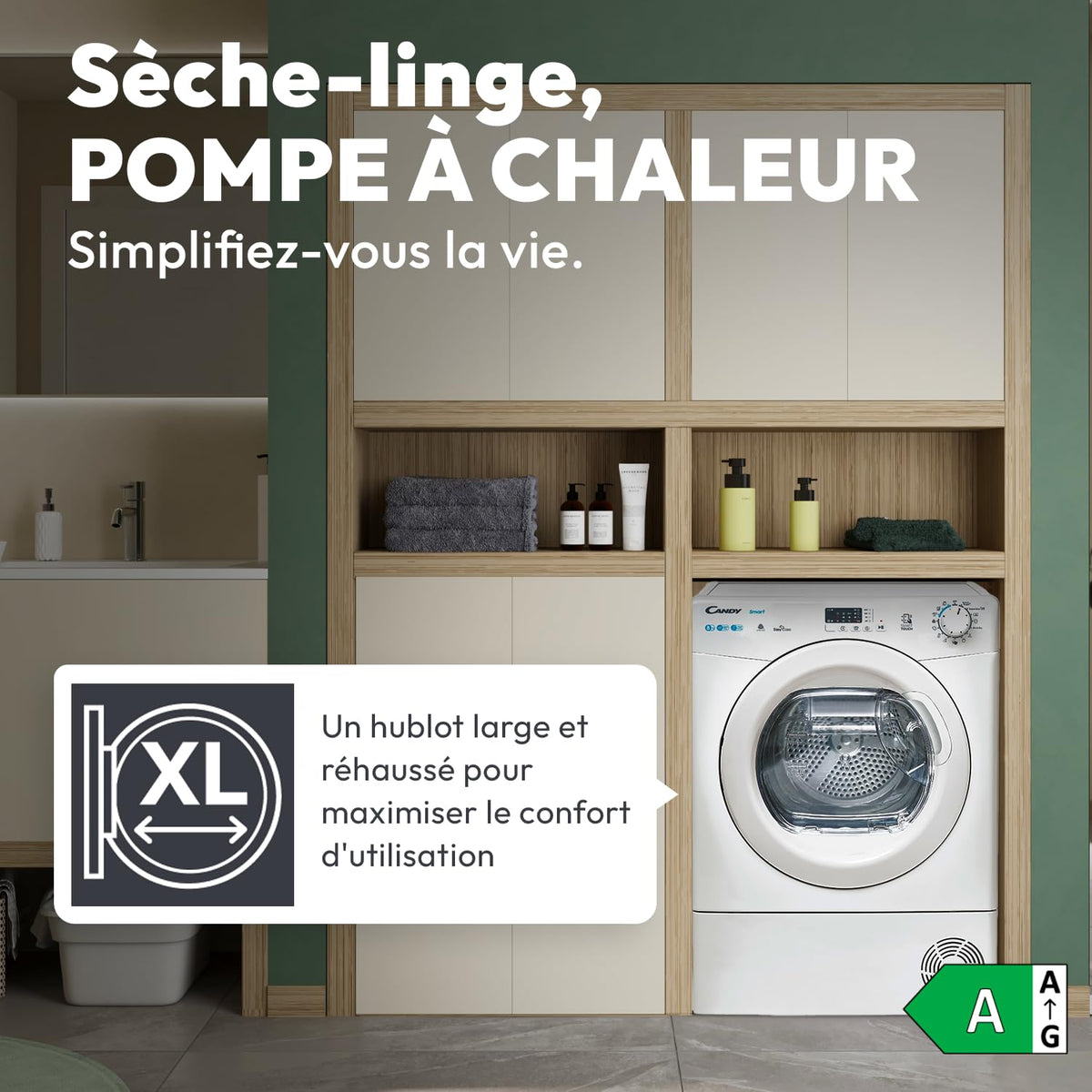 CANDY - Sèche-Linge Pompe à Chaleur - Capacité de Chargement 8 Kg - Classe Énergétique E - Connectivité NFC, Départ Différé, Bac à Eau Easy Case - Blanc - 85 x 59,6 x 58,5 cm - Modèle CSE H8A1LE-S