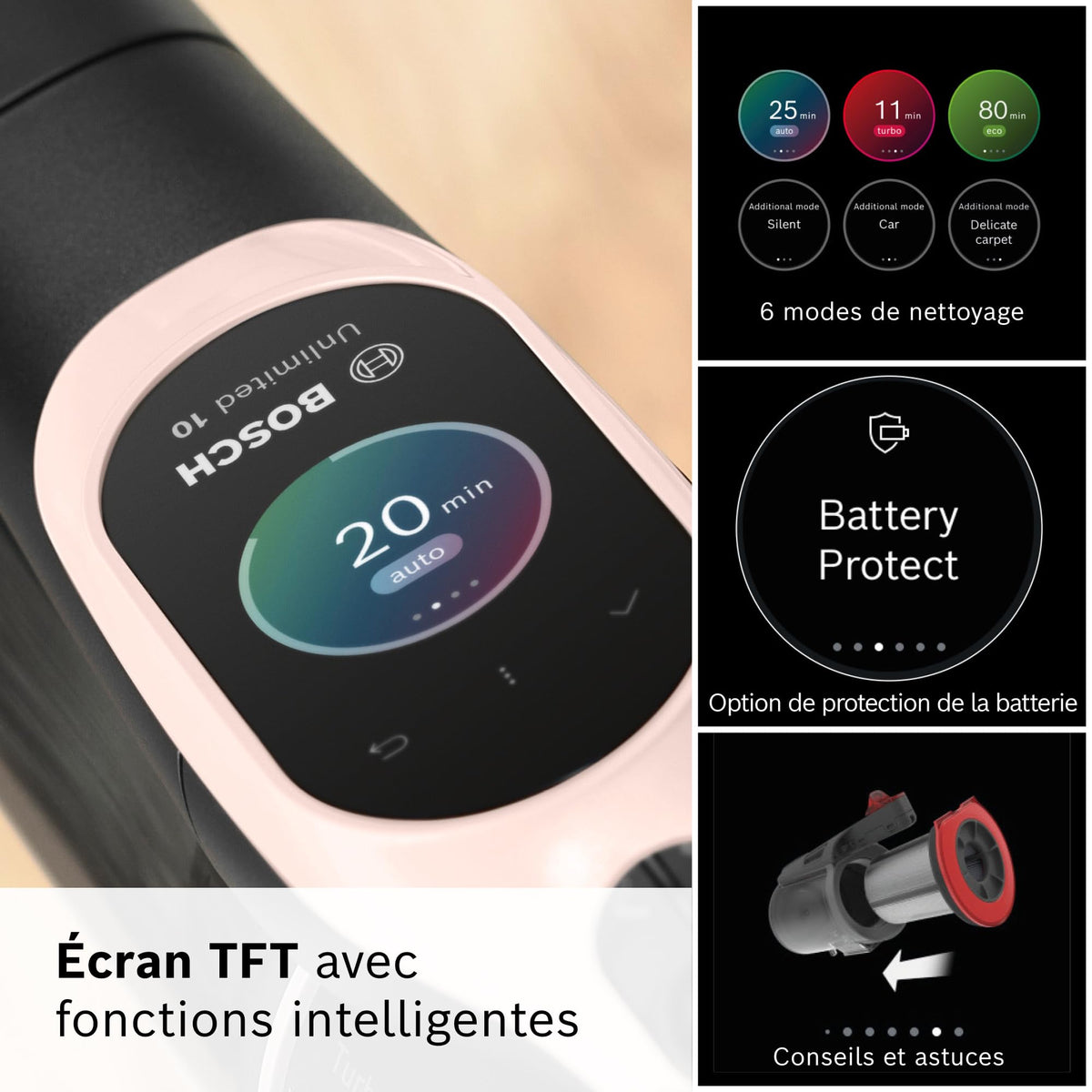Bosch, aspirateur Balai sans Fil, Unlimited 10, Batterie 4.0 Ah, Technologie MicroClean, bac à poussière Facile à Vider, Tube Flexible, éclairage LED, Rose, BKS1041RHF
