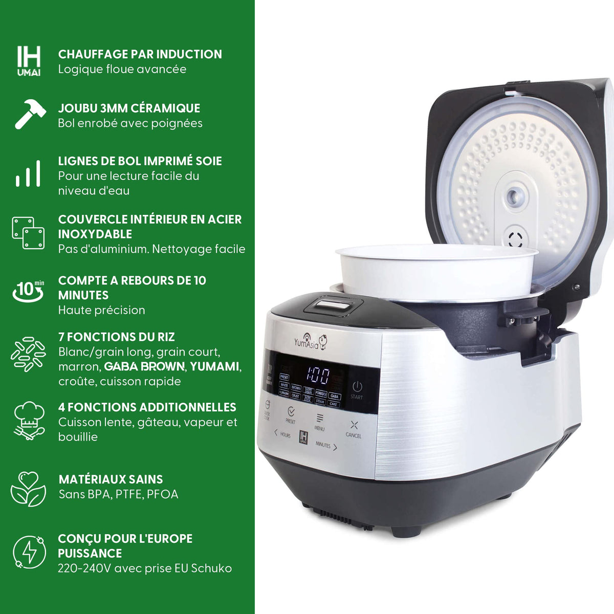 Yum Asia Bamboo Cuiseur à riz avec chauffage à induction (IH) et bol en céramique, 7 fonctions de cuisson au riz, 4 fonctions multicuiseurs, écran LED Motouch – 220-240V EU (Argent métallique)