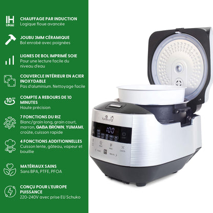 Yum Asia Bamboo Cuiseur à riz avec chauffage à induction (IH) et bol en céramique, 7 fonctions de cuisson au riz, 4 fonctions multicuiseurs, écran LED Motouch – 220-240V EU (Argent métallique)
