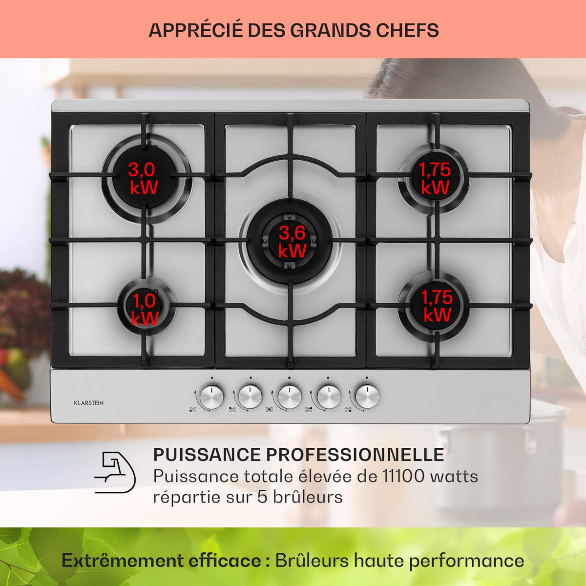 Klarstein Plaque de Cuisson Gaz à 5 Brûleurs, Table de Cuisson Encastrable à 5 Feux de 11100W, Cuisiniere, Gaziniere en Acier Inoxydable, Cuisinières GPL