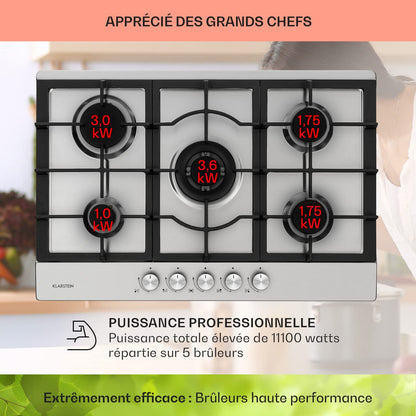 Klarstein Plaque de Cuisson Gaz à 5 Brûleurs, Table de Cuisson Encastrable à 5 Feux de 11100W, Cuisiniere, Gaziniere en Acier Inoxydable, Cuisinières GPL
