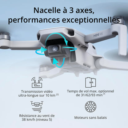 DJI Mini 4K, Drone Caméra 4K UHD, Moins de 249 g, Stabilisation de la Nacelle à 3 Axes, Transmission Vidéo sur 10 km, Retour Auto, Résistance au Vent, Temps de Vol max. de 31 min, C0, QuickShots
