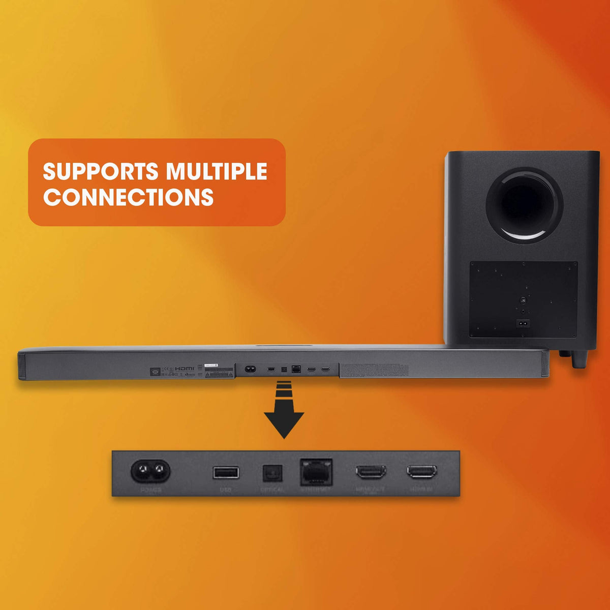 JBL Barre de Son Surround Bar 5.1 - Système de Divertissement Exclusif Amazon, capacités de Streaming et Caisson de Basses, Compatible avec Amazon Ale