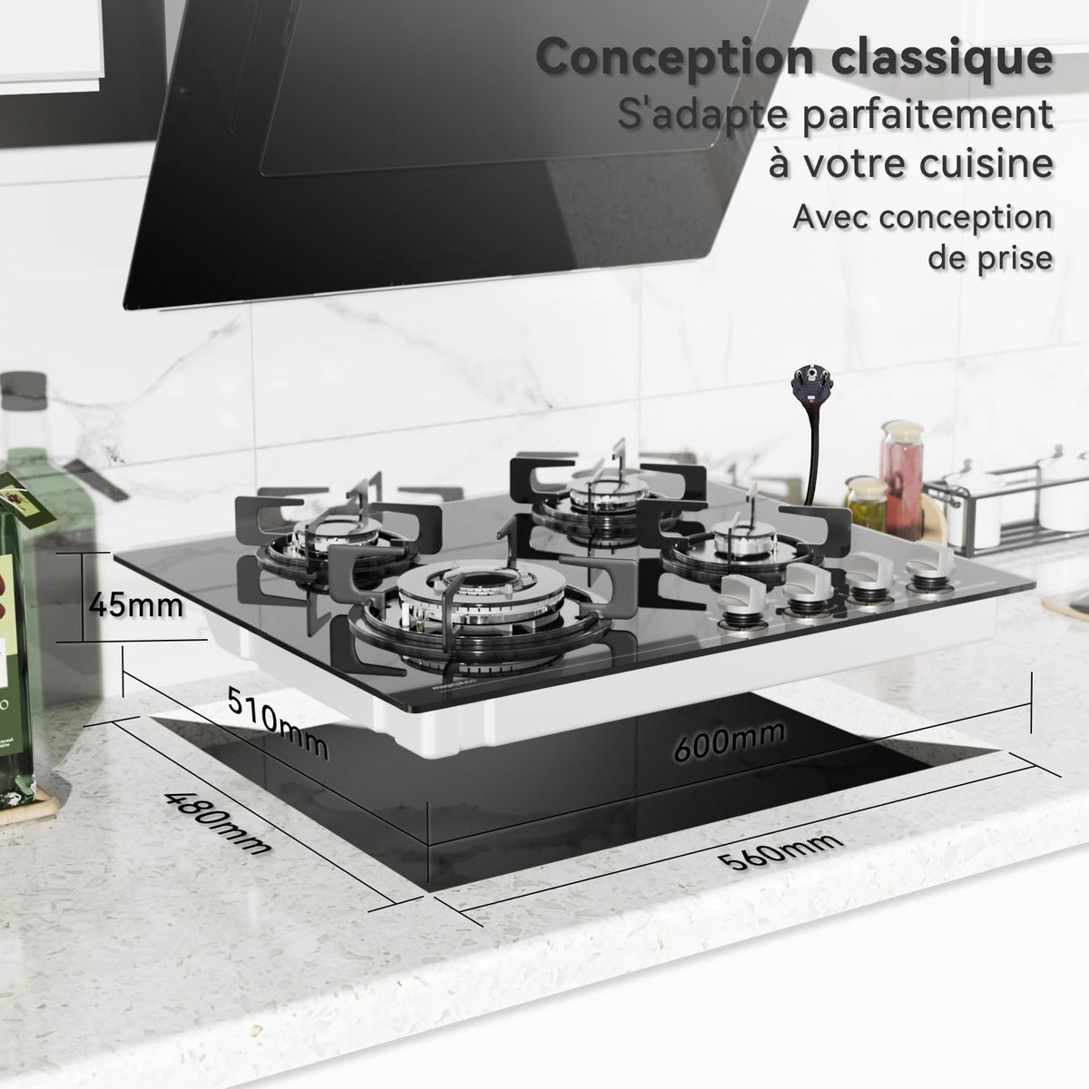 Magicplux Plaque de Cuisson Gaz 4 feuxs, 60cm, Gaziniere Encastrable, Gaz ville et bouteille, 8500W