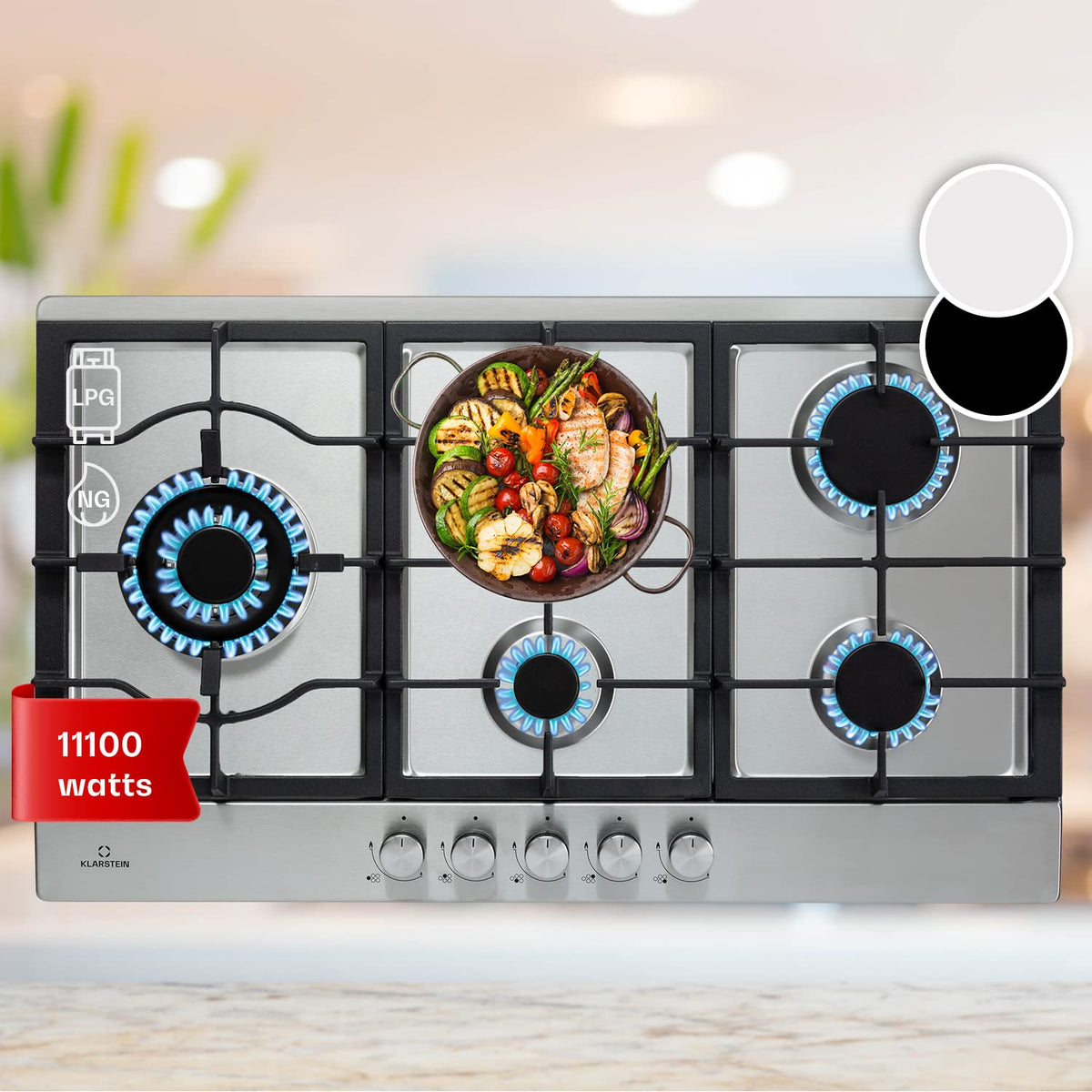 Klarstein Tables de Cuisson à Gaz, Plaque de Cuisson , Encastrable à 5 Feux de 11100W, Cuisiniere Gaz, Gaziniere avec Brûleurs en Acier Inoxydable, Cuisinières GPL