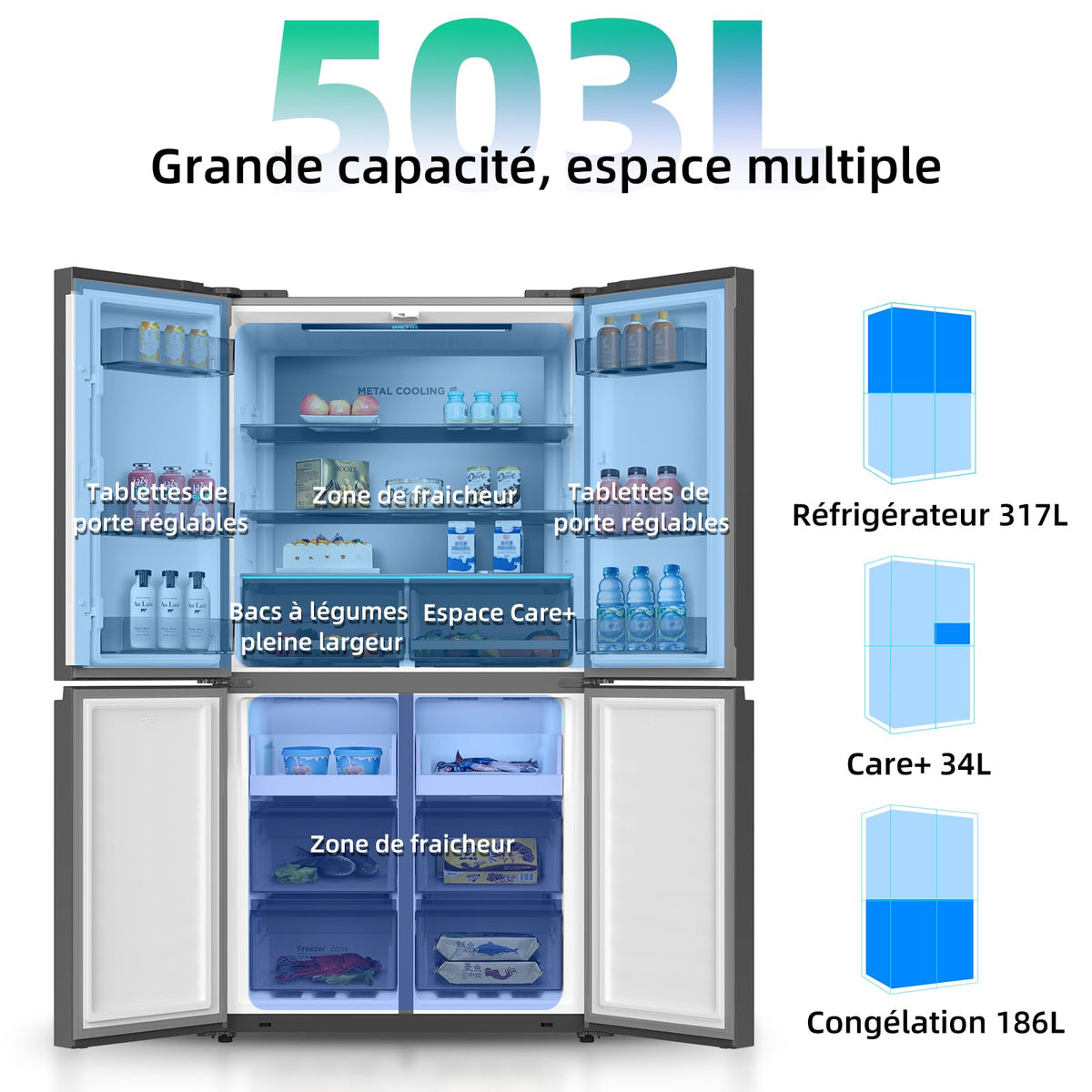 CHIQ CCD503NEIBE Réfrigérateur Américain, Multi-Portes 503 L, Inverter Compressor, No Frost, Multiple Airflow Care, Panneau tactile, Hauteur 177,5 cm, Longueur 85,3 cm, Profondeur 69,8 cm