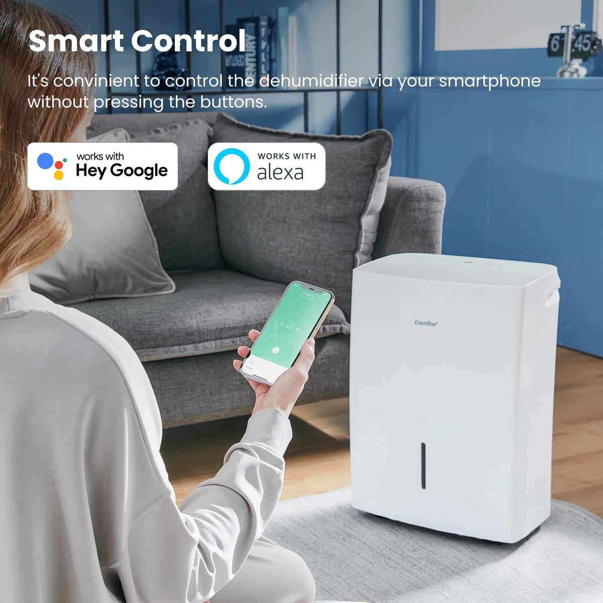 COMFEE Déshumidificateur Connecté 16L-jour, 4 Modes, Deshumidificateur d air electrique, Mode intelligent, Réservoir 3L, Pour pièce de 58-73㎡, MDDF-16DEN7 WF, Chambre, Garage, Fonctionne avec Alexa