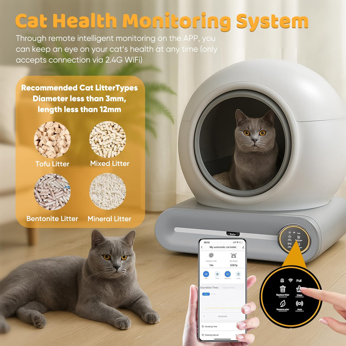 Litiere Chat Autonettoyante Bac à Litter Automatic 65L Bac à Litière pour Chat Automatique, Contrôle par Application, Anti-fuites/Pincement/pour Plusi
