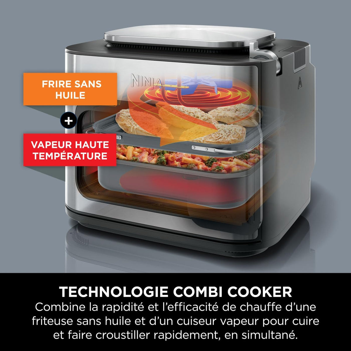 Ninja Combi 12-en-1 Multi-Cuiseur, Four & Friteuse sans huile, 12 Fonctions de Cuisson, Repas de Taille Familiale en 15 Minutes*, avec Plateau de Cuisson,Poêle et Guide de Recettes, Gris, SFP700EU.