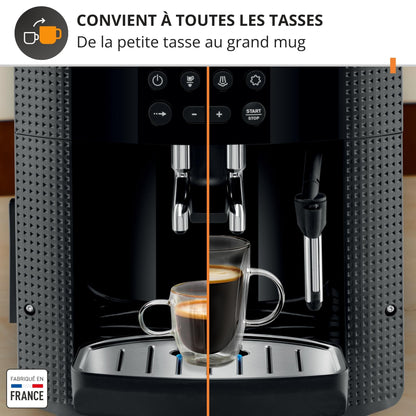 Krups Essential, Machine à café grain, Expresso automatique, 2 tasses simultanées, Ecran LCD, Nettoyage automatique, Buse vapeur, Pot à lait inox Cappuccino, Noire, EA816031