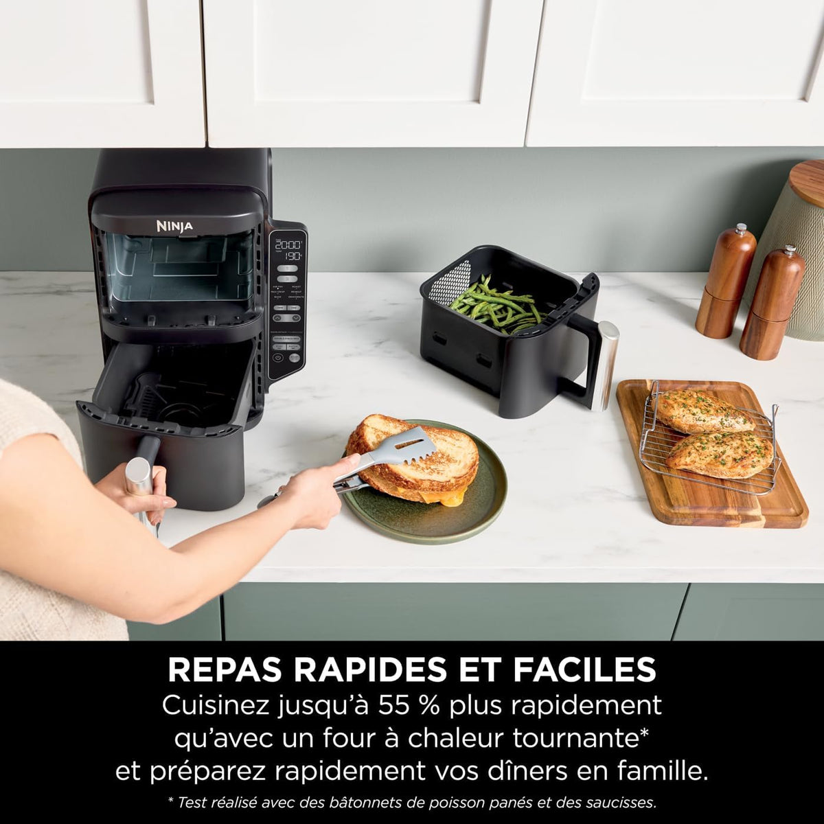 Ninja Double Stack Air-Fryer, Friteuse verticale sans huile à 2 tiroirs, 4 niveaux cuisson, 2 tiroirs et 2 grilles, design compact, capacité de 7,6L, 6 fonctions de Cuisson, 6 portions, gris SL300EU