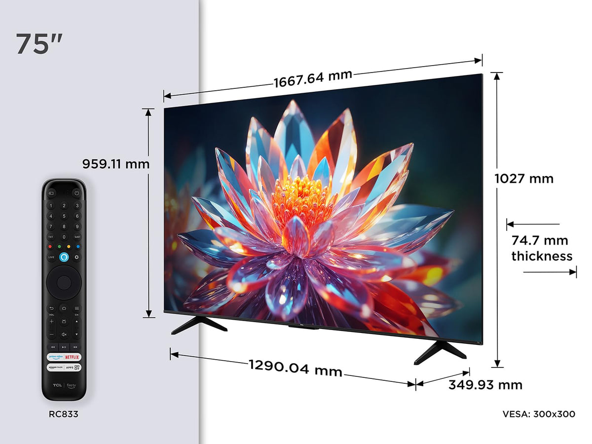 TCL 75T6C Fire TV 75 Pouces QLED 4K UHD Smart TV, HDR (Multi-Format), Dolby Atmos, Motion Clarity, Game Master, vocale Alexa