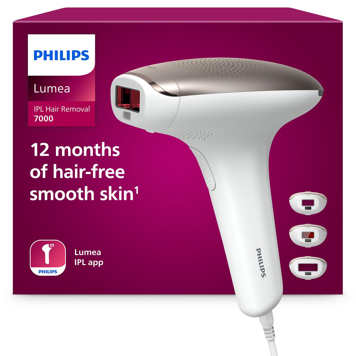 Philips Lumea série 7000, Épilateur à lumière pulsée, alternative à l'épilation laser, 3 embouts pour le corps, le visage et le maillot, modèle SC1999/00