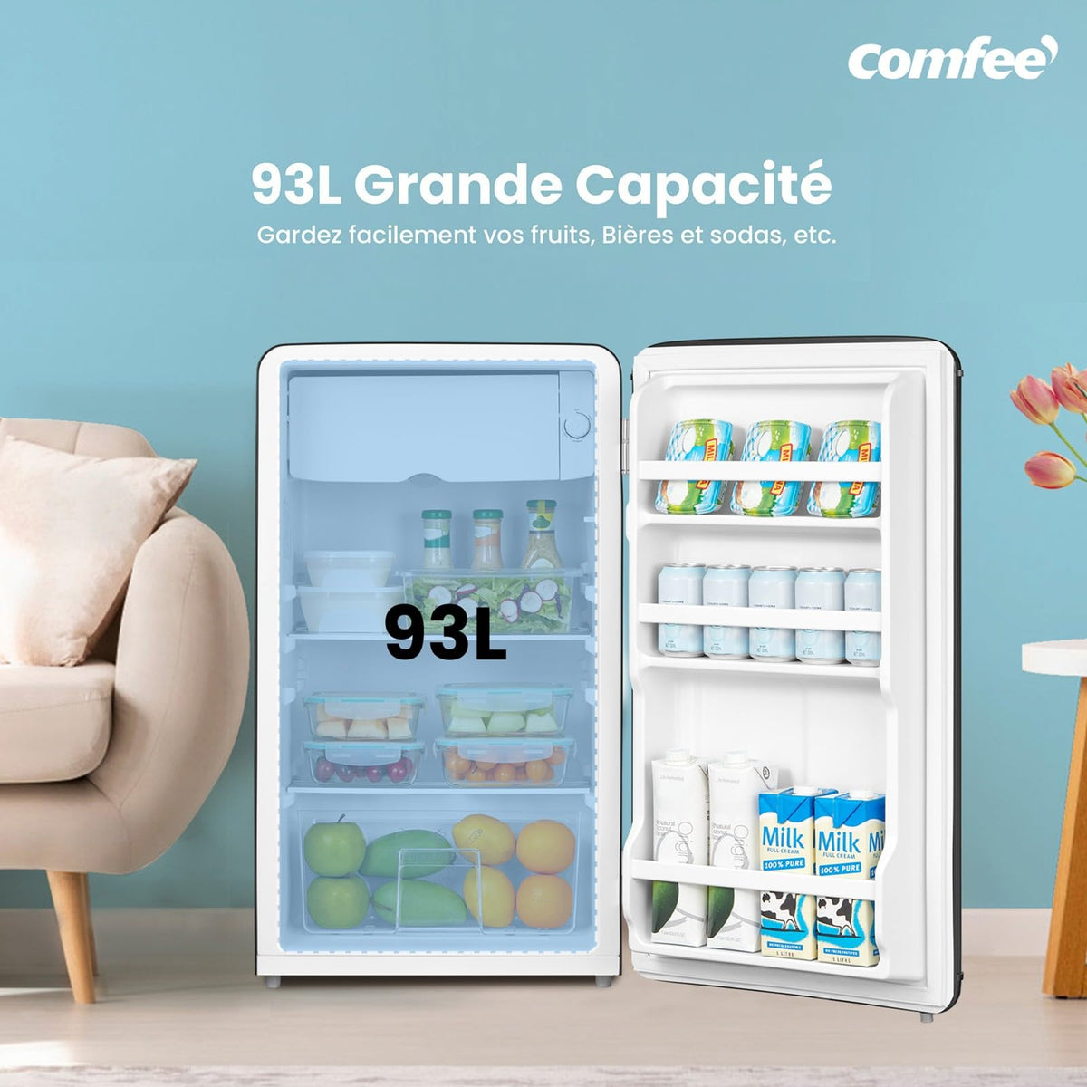 Comfee' RCD93BL2EURT(E) Réfrigérateur Sous-Plan, 93L, Réfrigérateur Rétro Pose Libre avec Compartiment Réfrigérant, Thermostats Réglables, Lumière LED, Noir