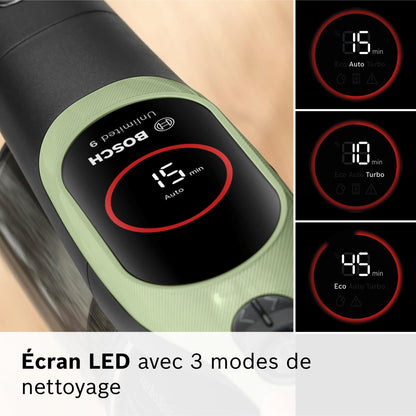Bosch, aspirateur Balai sans Fil, Unlimited 9, Batterie 3.0 Ah, Technologie MicroClean, bac à poussières Facile à Vider, éclairage LED, Vert, BBS921TBA