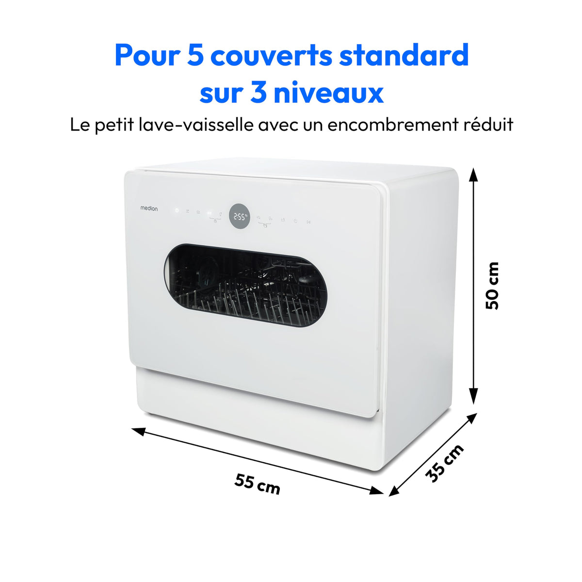 MEDION Mini lave-vaisselle DWT51 (lave-vaisselle de table avec panneau de commande tactile, fonction seau, 5 couverts, fonctionne avec/sans raccordement à l'eau, 7 programmes de nettoyage, départ diff