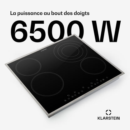 Klarstein Plaque Vitrocéramique Encastrable 6500W, Table de Cuisson Induction 4 Feux, Contrôle Tactile, Table de Cuisson Électrique 4 Foyers
