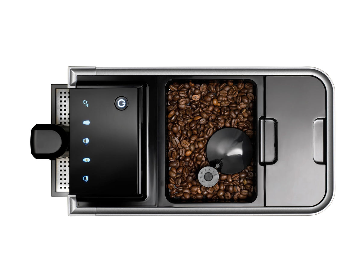 CASO Café Crema Touch Machine à café automatique design avec tuyau et réservoir à lait, broyeur conique réglable en continu, prêt à l'emploi, toutes les spécialités de café par toucher, noir, acier