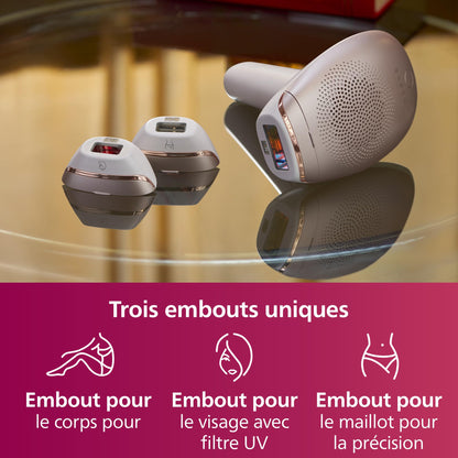 Philips Lumea série 7000, Épilateur à lumière pulsée, alternative à l'épilation laser, 3 embouts pour le corps, le visage et le maillot, modèle SC1999/00