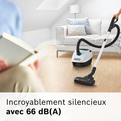 Bosch Electroménager, Série 6, ProSilence BGB6SIL1, aspirateur traîneau avec sac, niveau sonore de 66 dB(A), filtre hygiénique HEPA, moteur puissant, blanc