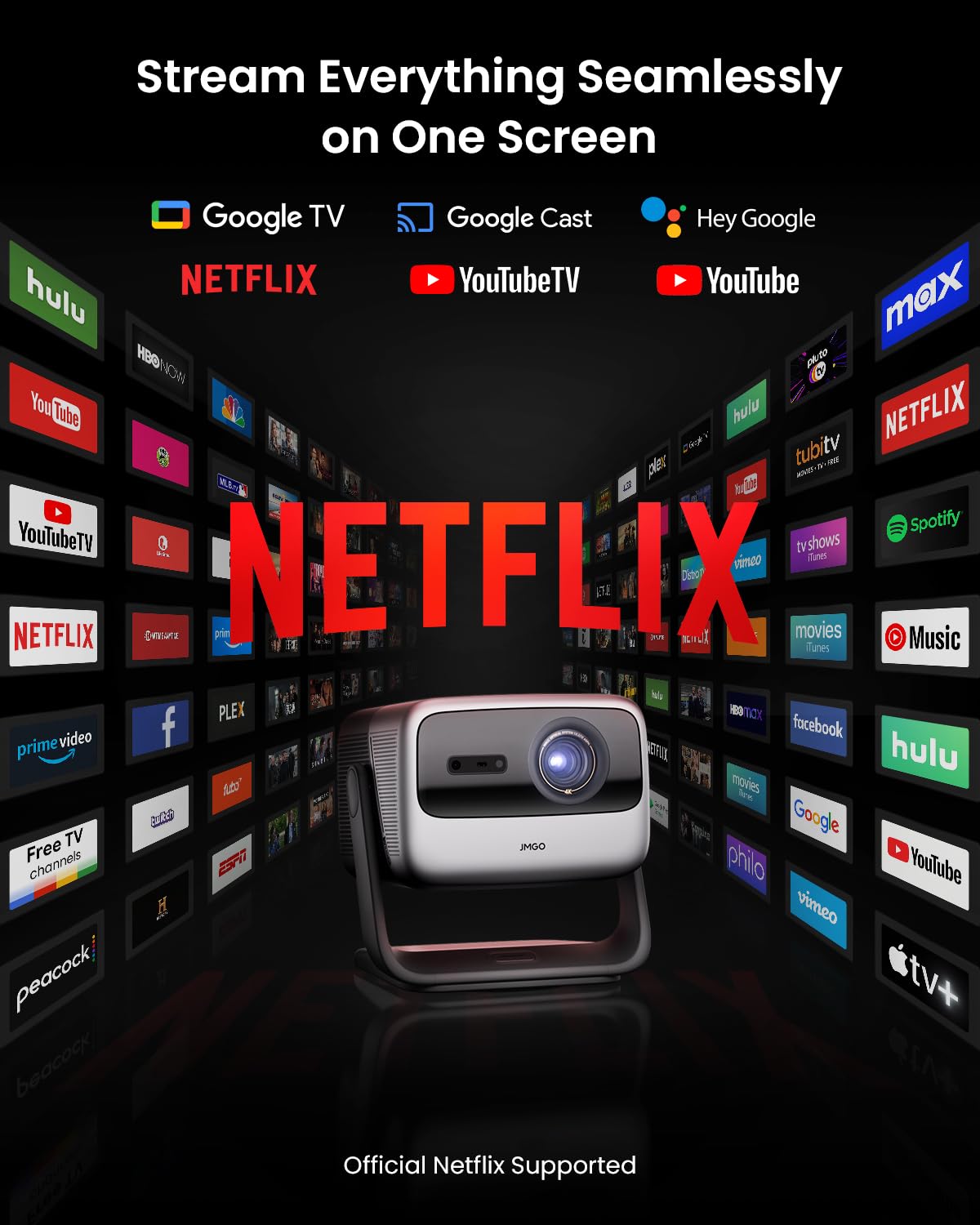 JMGO N1S Ultimate Videoprojecteur 4K Triple Laser, 3300 ISO Lumens Projecteur GTV Netflix, Gimbal Correction d'image Instantée, 300", Blu-Ray 3D, HDR10, 20W Deux Haut-Parleurs avec Dolby Digital Plus