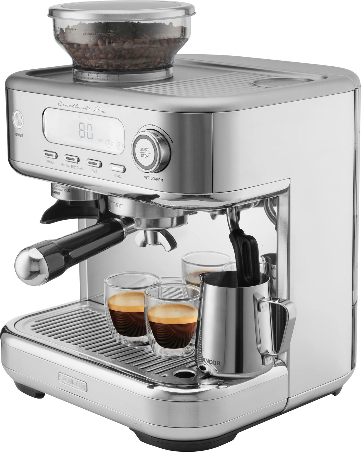 SENCOR Machine Expresso, Mousseur à lait, Broyeur Café à Grain, Ecran LCD, Caftière Espresso, Cappuccino, Expresso avec Broyeur Barista Express, Excellence plus, Réservoir Eau et Café Grande Capacité