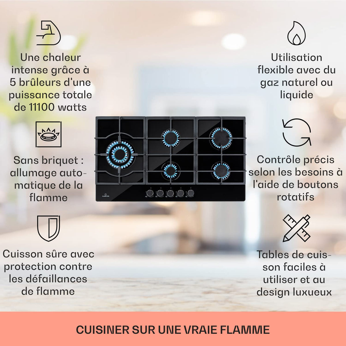 Klarstein Tables/Plaque/Gaziniere de Cuisson à Gaz à 5 Brûleurs, Table de Cuisson Encastrable à 5 Feux de 11100W, en Acier Inoxydable, Cuisinières GPL