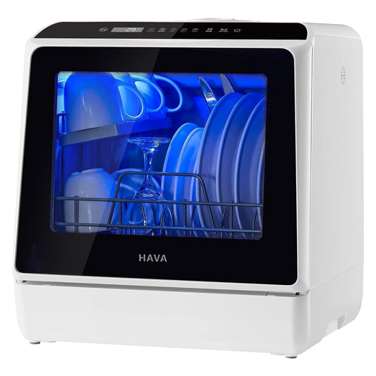 HAVA mini lave vaisselle, 6 programmes portables avec réservoir d'eau intégré de 5 L, aucun branchement nécessaire, fonction de soin de bébé et de séchage à l'air pour appartements et camping-cars