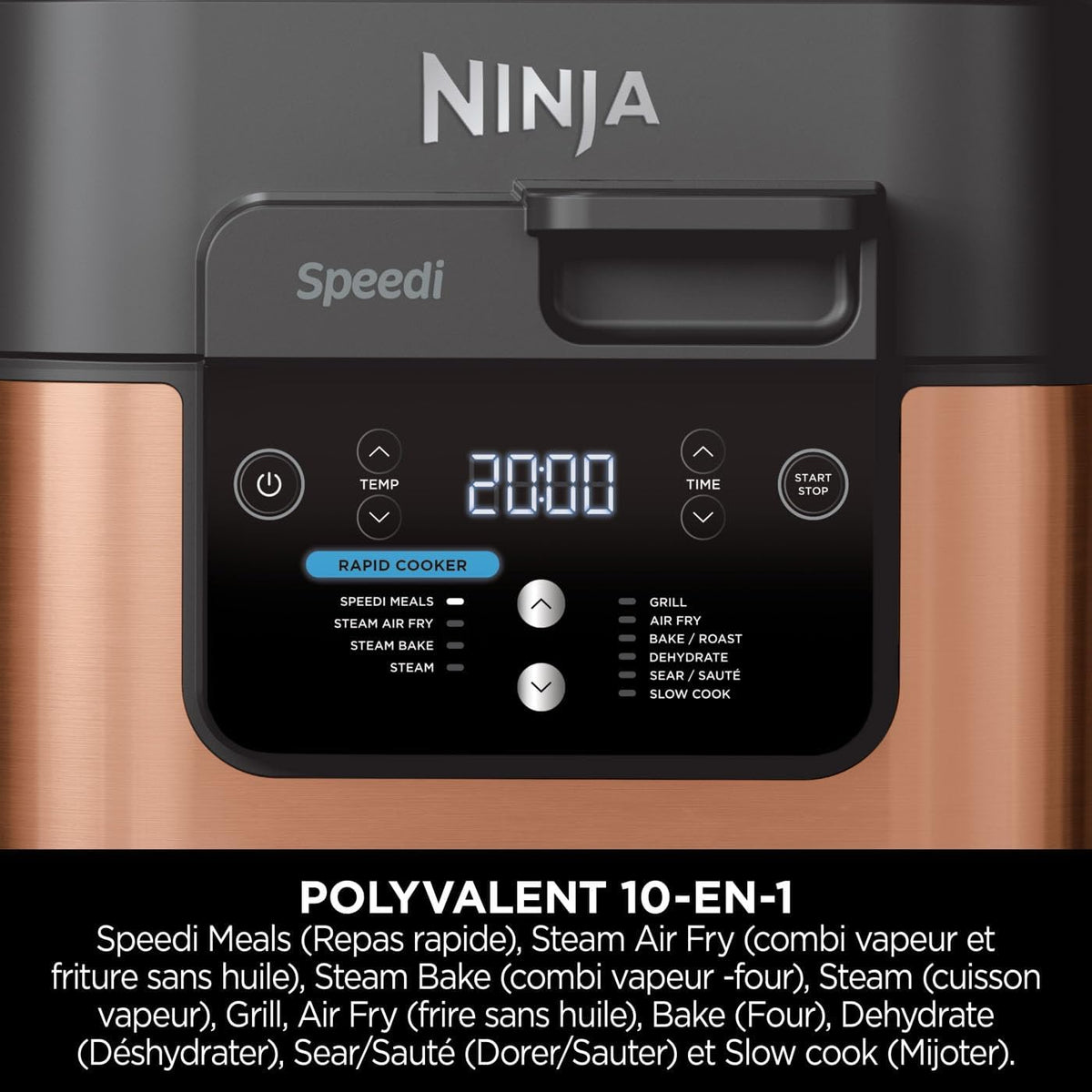 Ninja Speedi 10-en-1 Autocuiseur rapide, Air Fryer, Friteuse à air et Multicuiseur, 5.7L, Repas pour 4 en 15 minutes, Vapeur, Gril, Cuire au four, Rôtir, Mijoter et plus, Noir et Cuivre ON400EUCP
