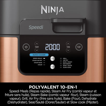 Ninja Speedi 10-en-1 Autocuiseur rapide, Air Fryer, Friteuse à air et Multicuiseur, 5.7L, Repas pour 4 en 15 minutes, Vapeur, Gril, Cuire au four, Rôtir, Mijoter et plus, Noir et Cuivre ON400EUCP