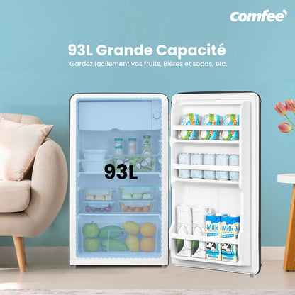 Comfee' RCD93BL2EURT(E) Réfrigérateur Sous-Plan, 93L, Réfrigérateur Rétro Pose Libre avec Compartiment Réfrigérant, Thermostats Réglables, Lumière LED, Noir