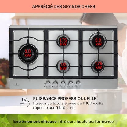 Klarstein Tables de Cuisson à Gaz, Plaque de Cuisson , Encastrable à 5 Feux de 11100W, Cuisiniere Gaz, Gaziniere avec Brûleurs en Acier Inoxydable, Cuisinières GPL
