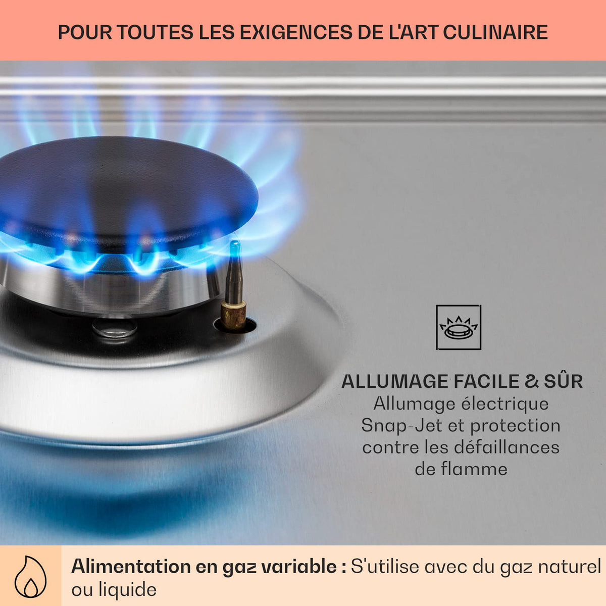 Klarstein Tables de Cuisson à Gaz, Plaque de Cuisson , Encastrable à 5 Feux de 11100W, Cuisiniere Gaz, Gaziniere avec Brûleurs en Acier Inoxydable, Cuisinières GPL