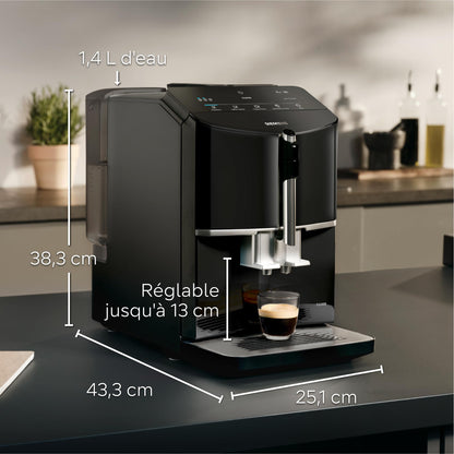 SIEMENS, machine à café tout automatique, EQ300, ceramDrive, milkPerfect, fonction oneTouch, noir piano, TF301E19