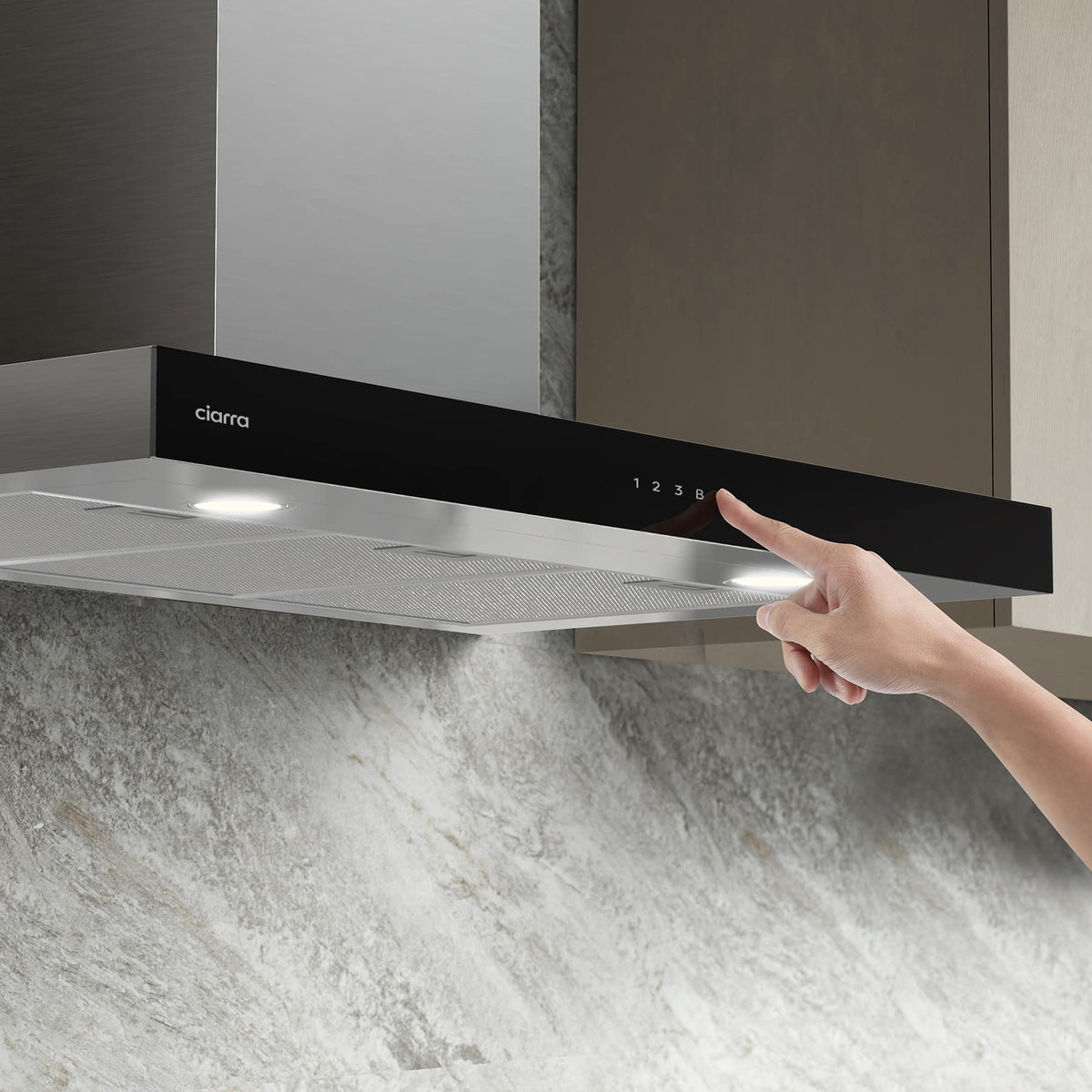 Ciarra Hotte Apisrante 90cm 650 m³/h - Class A+++ - 4 Vitesses - Fonction Boost - Hotte de Cuisine Silencieuse - Commande Tactile - Wi-Fi - LED Dimmable - Inox - CBCS9102