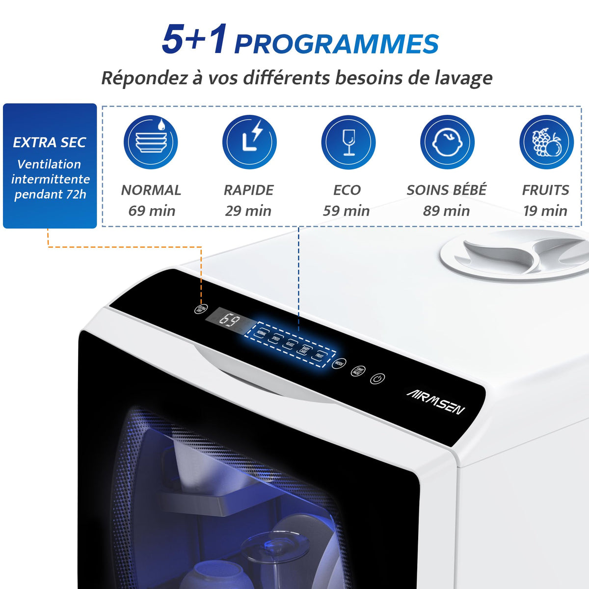 AIRMSEN Mini Lave-Vaisselle de Comptoir, 5+1 Programmes, Réservoir d'Eau de 5L, Contrôle Tactile et Écran LED, Adapté pour les Cuisines Familiales, Appartements et Dortoirs, Blanc et noir