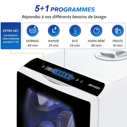 AIRMSEN Mini Lave-Vaisselle de Comptoir, 5+1 Programmes, Réservoir d'Eau de 5L, Contrôle Tactile et Écran LED, Adapté pour les Cuisines Familiales, Appartements et Dortoirs, Blanc et noir